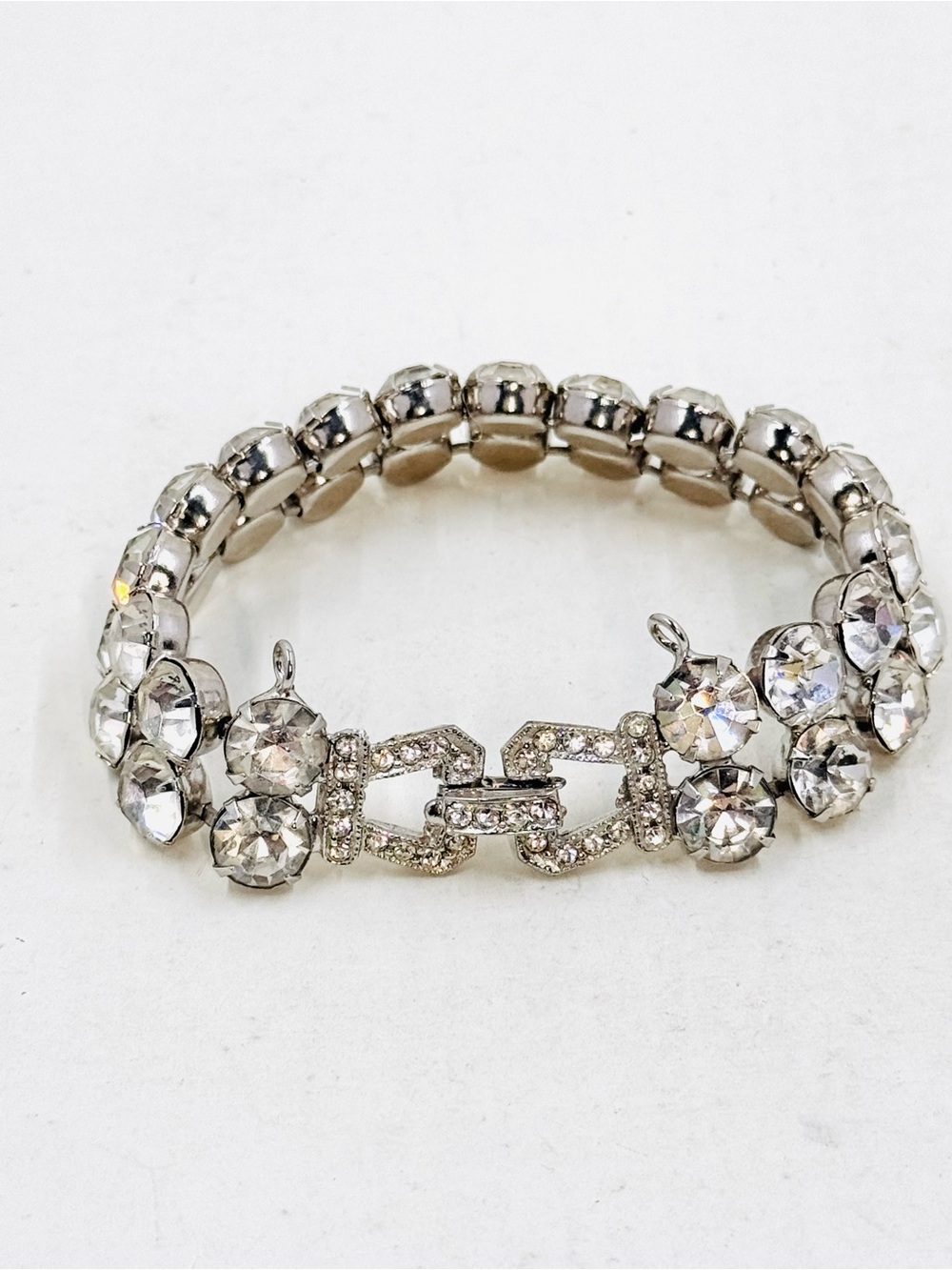 Weiss Vintage Silver-Tone Clear Rhinestone Link Bracelet W/Fold Over Clasp 7”